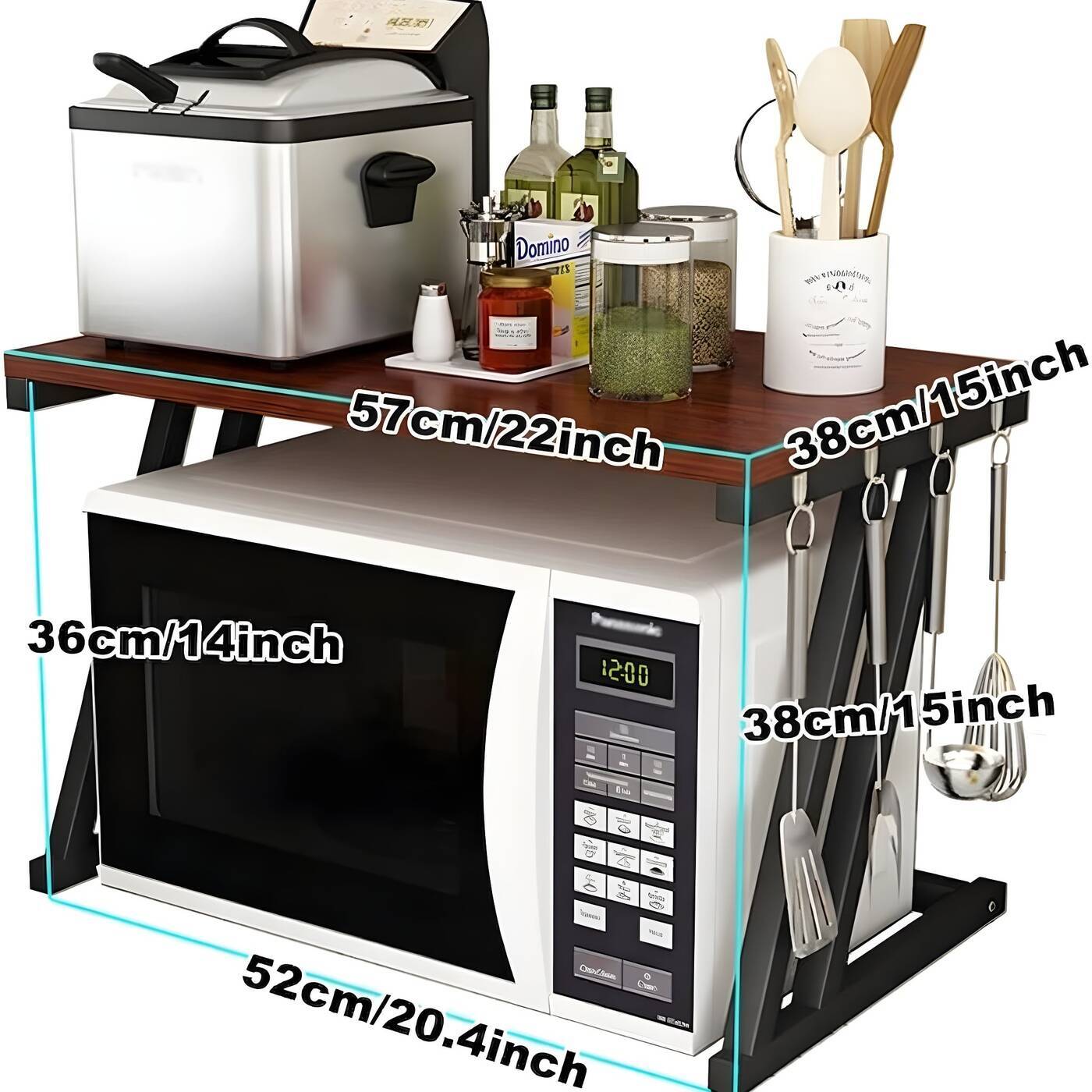 Dimensions of HavenzUp microwave stand measuring 57 cm x 38 cm with storage shelf and utensil hooks