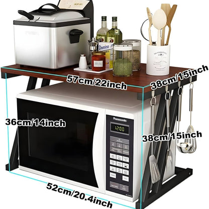 Dimensions of HavenzUp microwave stand measuring 57 cm x 38 cm with storage shelf and utensil hooks