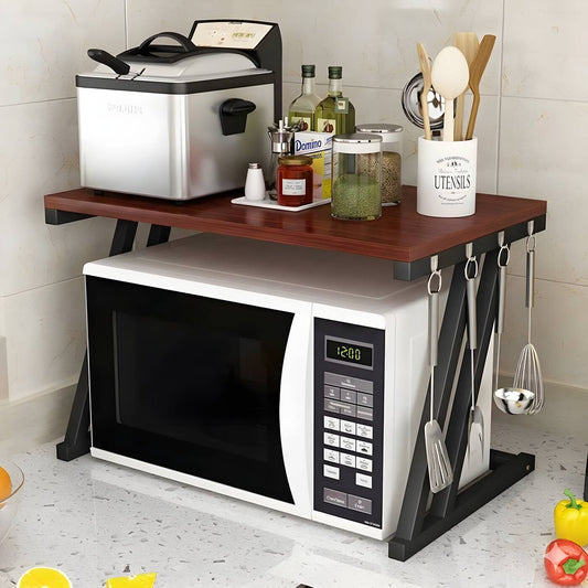 HavenzUp Z-Shaped microwave stand with storage shelf and hanging hooks in mahogany finish for kitchen organization