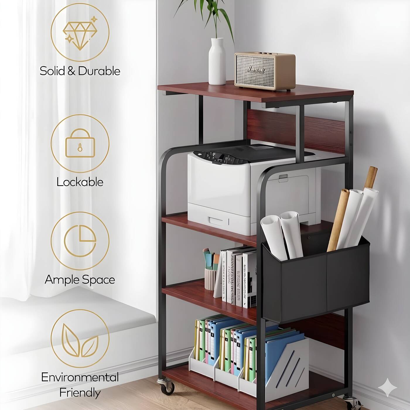 Features of HavenzUp rolling storage shelf including durable powder-coated metal frame, 4-tier shelving, caster wheels and side magazine holder