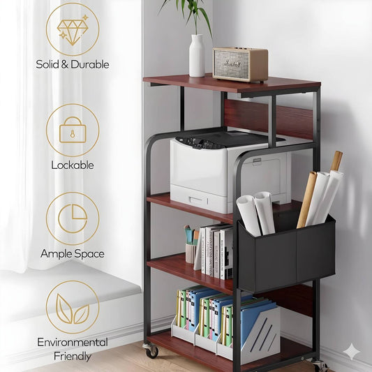Features of HavenzUp rolling storage shelf including durable powder-coated metal frame, 4-tier shelving, caster wheels and side magazine holder