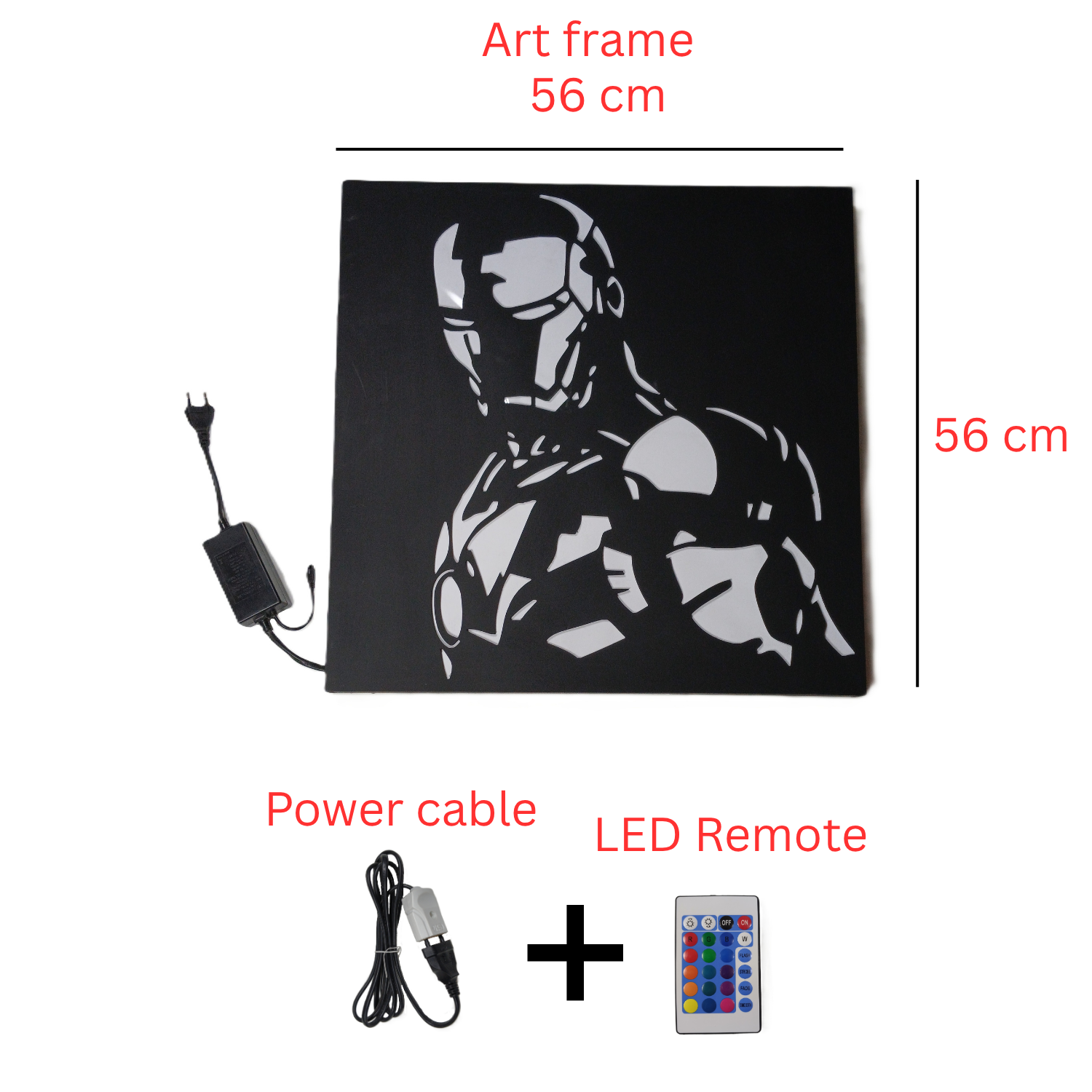 Iron Man LED wall art box contents including frame, cable, and remote