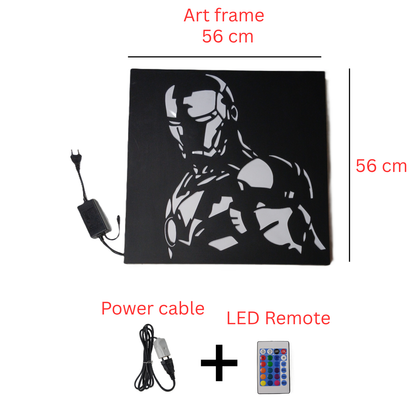 Iron Man LED wall art box contents including frame, cable, and remote