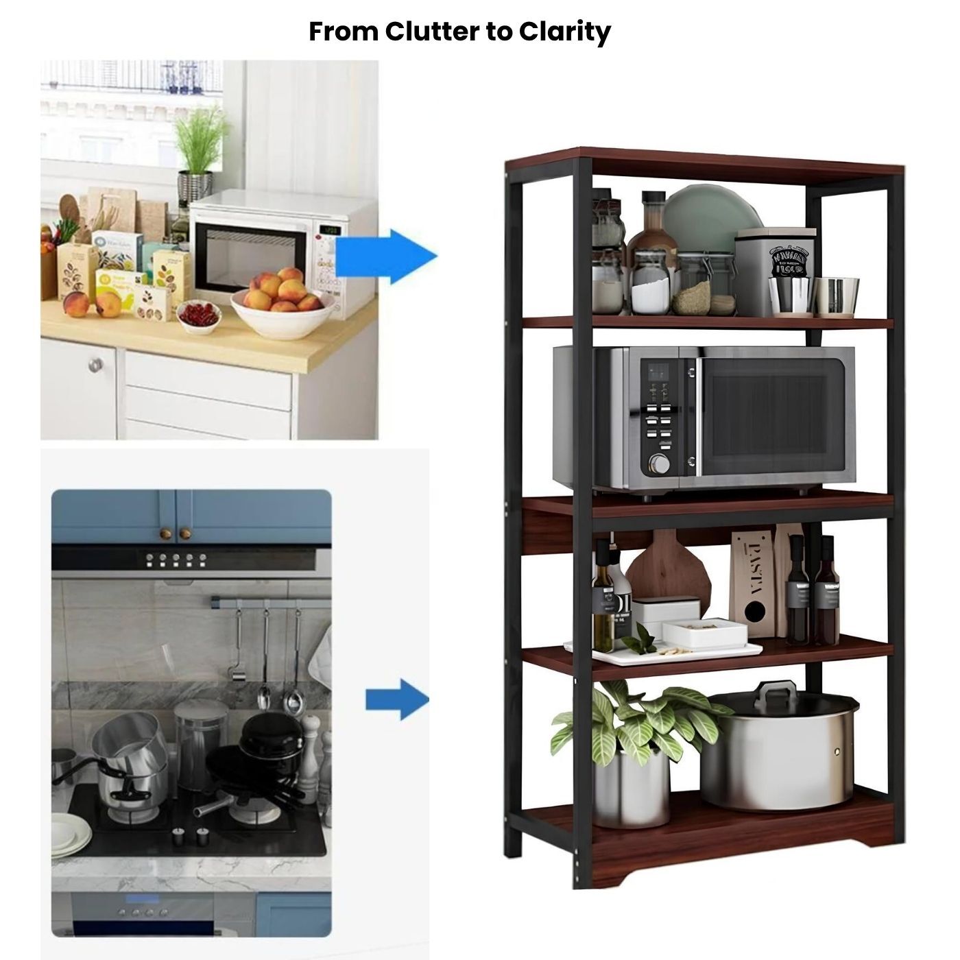Kitchen items neatly organized on 5-tier kitchen baker's rack with storage shelves and spice organizer